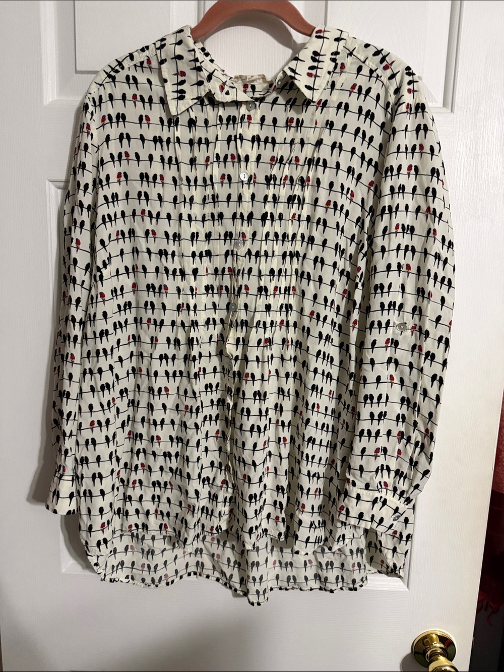 Jane and Delancey Cream Button-Up Shirt with Black and Red Bird Print